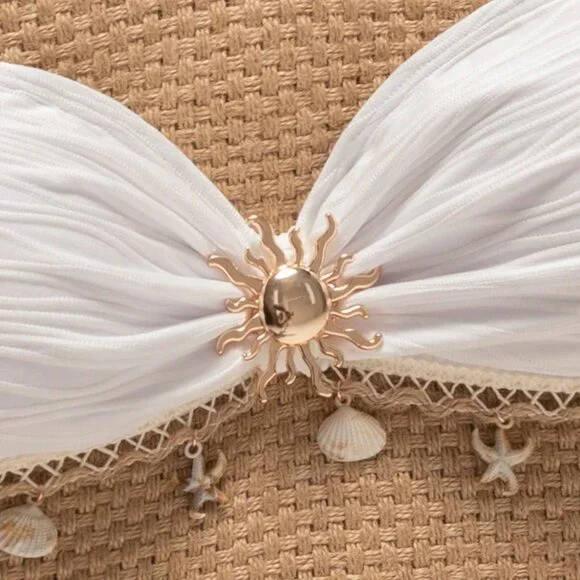 White Minimalist Women's Bikini Top with Ocean Starfish Shell Pendant - Picture 4 of 6
